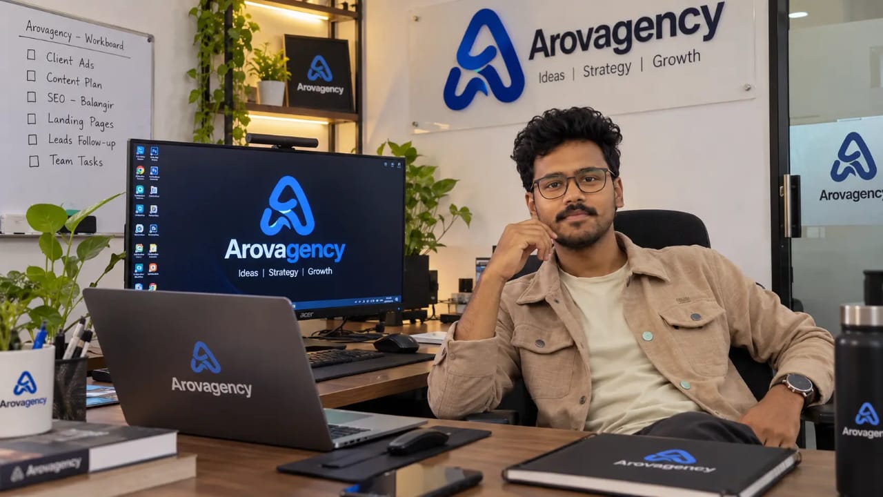 Sunil Mallik, founder of Arova Agency, at his desk in the Arova Agency office in Balangir